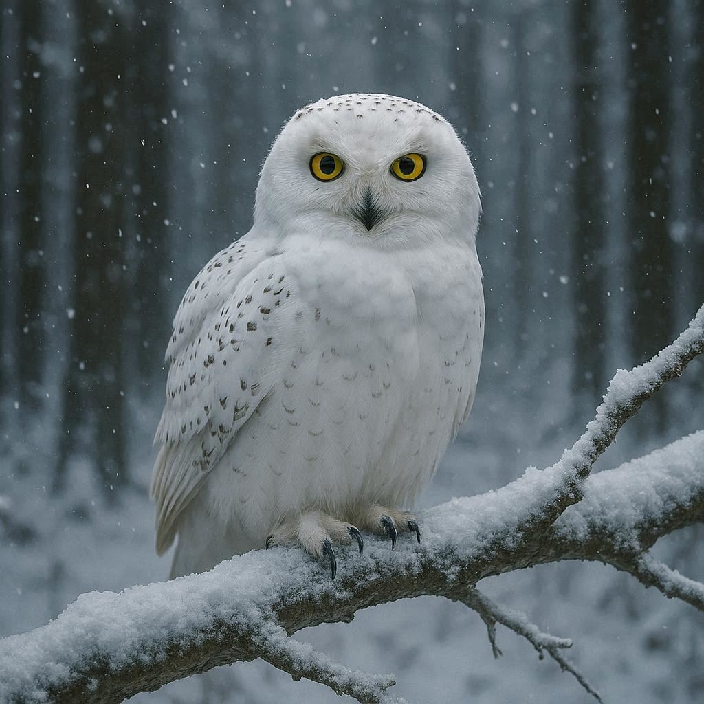 A photorealistic render of a snowy owl perched on a frozen branch in a snowy forest, piercing yellow eyes, snow falling softly, cinematic nature lighting.
