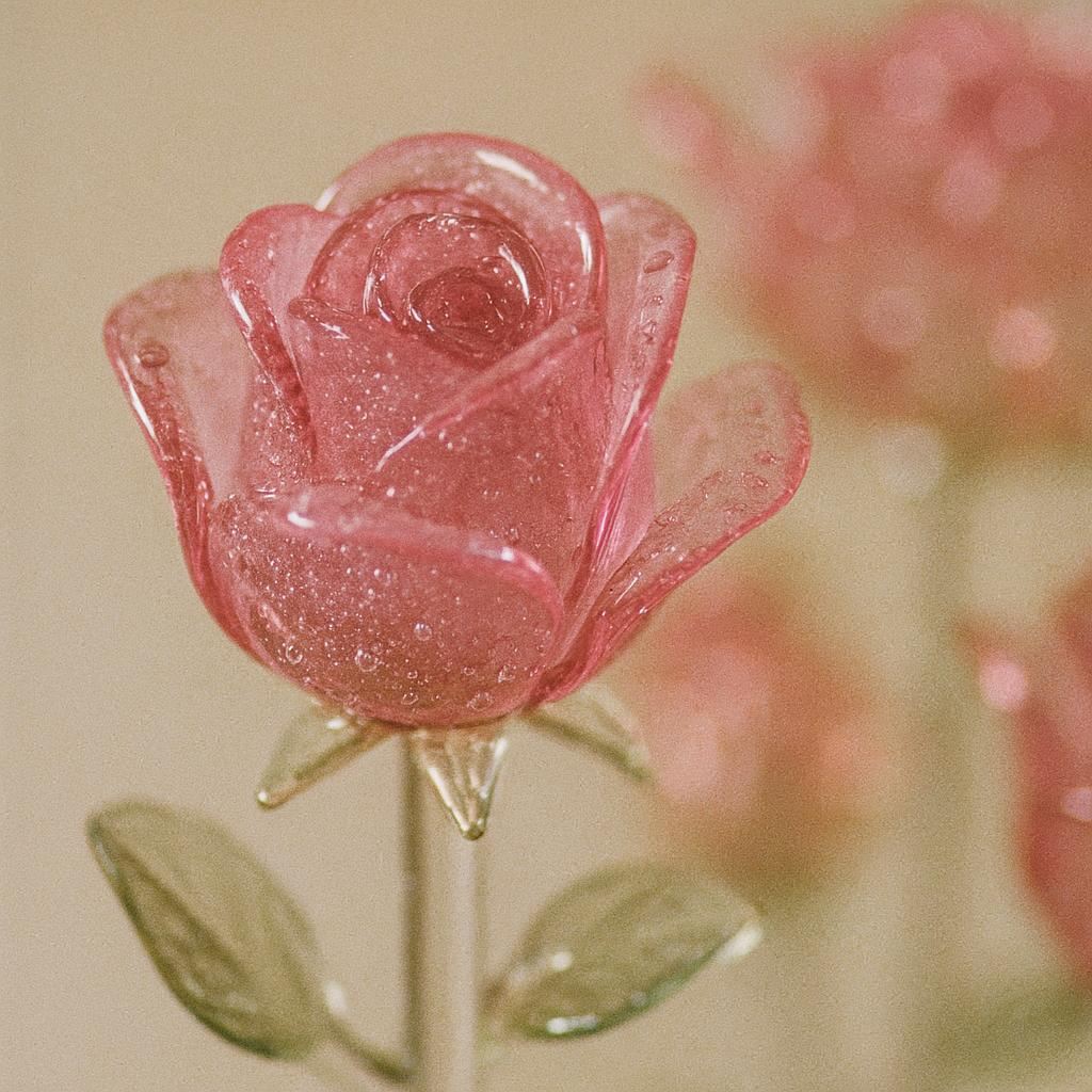 Analog photograph, with a bit of grain, of a pink rose made of glass. The rose has a few droplets of water on it. The pink rose is focused, while the other glass roses are out of focus. Make it a zoomed-in photograph with soft natural light without dramatic effects.