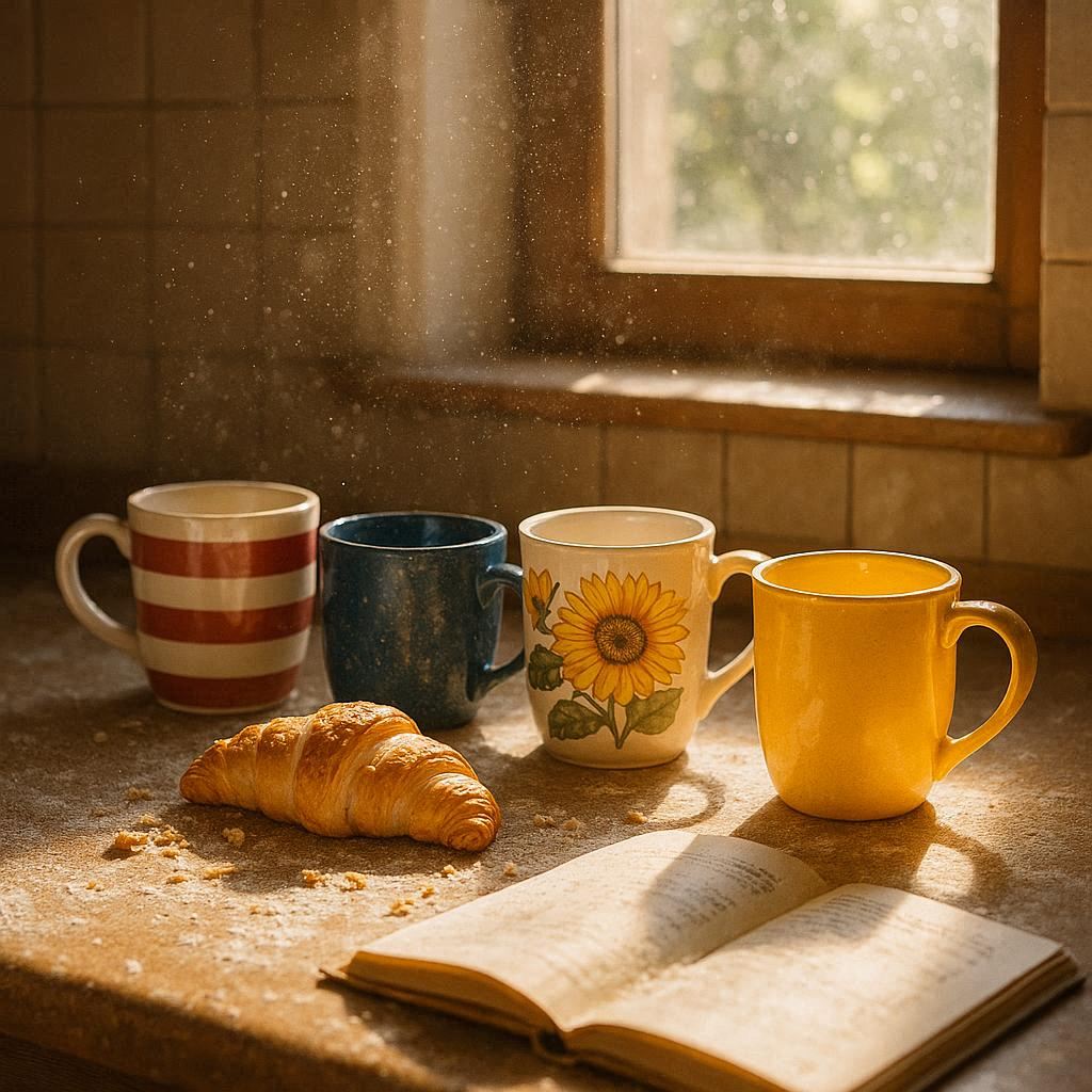 Sunlight spills through a small kitchen window, illuminating a cozy countertop with mugs—striped red-white, speckled blue, sunflower-painted—clustered together. Flour dust sparkles in the bright air, pastry crumbs encircle a half-eaten croissant beside an open recipe book, and a yellow mug glows like molten gold, vibrant and cheerful, photorealistic.